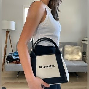 Balenciaga Navy Small Cabas in off-white cotton canvas and black calfskin